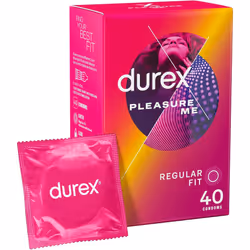 Durex Pleasure Me Condoms, Regular Fit, 40s, Easy On Shape, Dotted and Ribbed, With Extra Silicone Lube