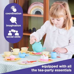 Casdon 33-Piece Tea Set. Colourful Toy Playset Teapot Milk Jug Cups & Saucers Cake & More. Suitable for Preschool Toys. Playset Children Aged 3