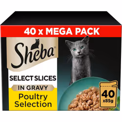 Sheba Select Slices Poultry Collection in Gravy 40 Pouches, Adult Wet Cat Food, Megapack (40 x 85 g)
