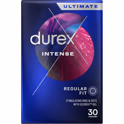 Durex Intense Condoms, Regular Fit, 30s, Easy On Shape, Dotted and Ribbed, Extra Stimulation, With Desirex Gel