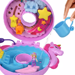 Polly Pocket Dolls and Playset, 12 Accessories, Unicorn Floatie Compact with Water Play and 2 Color-Change Pieces, HKV34