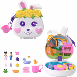Polly Pocket Dolls and Playset, Animal Toys, Flower Garden Bunny Compact with Water Play and 2 Color-Change Pieces, HKV36