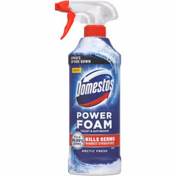 Power Foam Arctic Fresh Toilet & Bathroom Cleaner Spray upside down & eliminates 99.99% of germs cleaning inside toilet & aro ...
