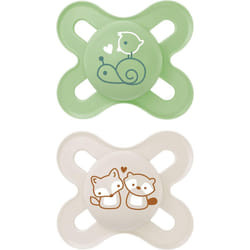 MAM Pack of 2 Original Start Soothers 0-2 Months Baby Soothers Self Sterilising Travel Case Newborn Essentials White/Green Designs May Vary