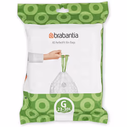 Brabantia PerfectFit Bin Liners (Size G/23-30 Litre) Thick Plastic Trash Bags with Tie Tape Drawstring Handles (40 Bags)