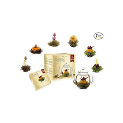 Creano Blooming Tea Gift Set Flowering Tea Giftset with 500 ml Glass Tea Pot and 6 Tea Flowers  Black White & Green Tea