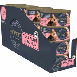 Encore 100% Natural Wet Cat Food, Tuna with Salmon in Broth (Pack of 16 x 70g Tins)