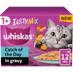 Whiskas Tasty Mix 1+ Cat of the Day in Gravy Adult Cat Food 12 Pouches 85g, Pack of 4