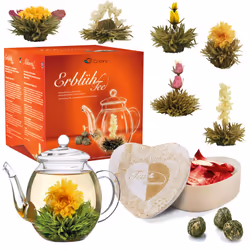 Creano Blooming Tea Gift Set ? Flowering Tea Giftset with 500 ml Glass Tea Pot and Heart-Shaped Wooden Box with 6pcs Tea Flow ...