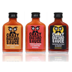 Crazy B Sauce - Sample set of 3 chili sauces with the worlds hottest peppers - Ghost Pepper & Mango, Trinidad Scorpion & Clementine, Carolina Reaper &