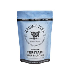 Raging Bull 250g Teriyaki Biltong - Authentic South African Gluten Free Biltong - High Protein Snacks - Grass Fed Beef Biltong - Low Carb Keto Snacks