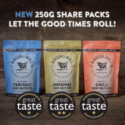 Raging Bull 250g Teriyaki Biltong - Authentic South African Gluten Free Biltong - High Protein Snacks - Grass Fed Beef Biltong - Low Carb Keto Snacks