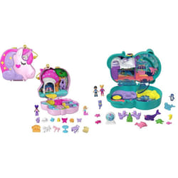 Polly Pocket Unicorn Forest Compact Tea Party-Themed Playset with Glitter Horn, 2 Micro Dolls & 13 Accessories & Otter Aquarium Compact, 2 Micro Dolls