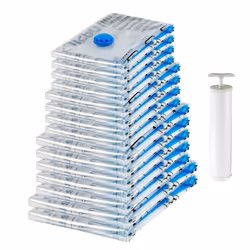 Amazon Basics Vacuum Compression Zipper Storage Bags with Airtight Valve and Hand Pump, 15-Pack, 2x X-Jumbo, 5x Jumbo, 4x (La ...