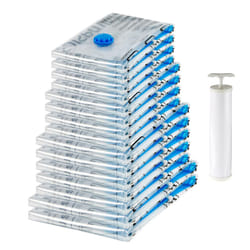 Amazon Basics Vacuum Compression Zipper Storage Bags with Airtight Valve and Hand Pump, 15-Pack, 2x X-Jumbo, 5x Jumbo, 4x (Large, Medium), 15 count (P