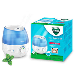 Vicks Mini Cool Mist ultrasonic humidifier - Adjustable mist control - 1.8 L Tank - Home use in bedrooms, offices, nurseries - Rooms to 15m2 - Quiet o