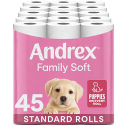 Andrex Family Soft Toilet Tissue 45 Rolls (Previously Andrex Gentle Clean) Gentle on your Family?s skin? Bulk Pack of 45 Toilet Rolls, FSC Certified