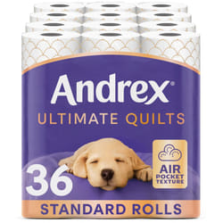 Andrex Ultimate Quilts Toilet Tissue 36 Rolls, Air Pocket Technology for Soft, Thick Sheets - Bulk Pack of 36 Quilted Toilet Rolls, FSC Certified