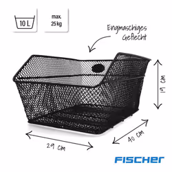 Fischer School Pannier Rack Basket, Bicycle Basket, Tight Mesh, Anti-Theft, Suitable for E-Bikes, Load Capacity 25 kg, Black