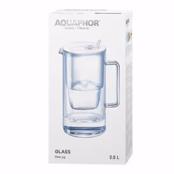 AQUAPHOR Glass White Water Filter Jug - Take to Table Premium Glass Design Jug with Easy-Fill Flip-Open Lid, 2.5L Capacity, 1 X MAXFOR+ Filter