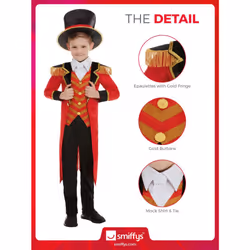 Smiffys Deluxe Ringmaster Costume, Red with Jacket, Mock Shirt, Trousers & Hat, Boys Fancy Dress, Child Dress Up Costumes