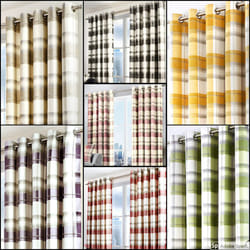 Fusion - Balmoral Check - 100% Cotton Pair of Eyelet Curtains - 90" Width x 90" Drop (228 x 228cm) in Natural, Nautral
