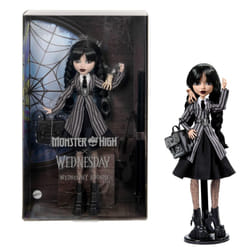 Monster High Wednesday Doll and Accessories, Wednesday Addams Collectible in Nevermore Academy Uniform with Thing and Backpack, Doll Stand, HXJ04