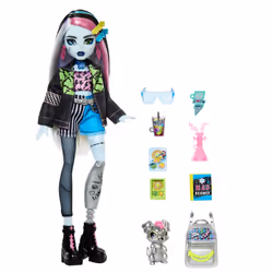Monster High Frankie Stein Doll in Denim Jacket and Shorts, Includes Pet Dog Watzie and Accessories like a Backpack, Snack and Notebook, HXH73