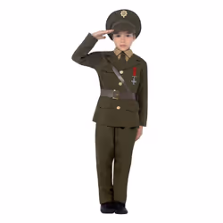 Smiffys Army Officer Costume, Green with Jacket, Belt, Trousers, Hat, Mock Shirt & Tie, Boys Fancy Dress, 1940s Dress Up Cost ...