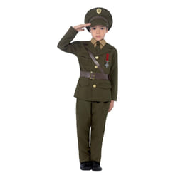 Smiffys Army Officer Costume, Green with Jacket, Belt, Trousers, Hat, Mock Shirt & Tie, Boys Fancy Dress, 1940s Dress Up Costumes