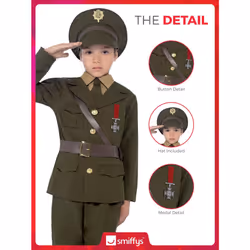 Smiffys Army Officer Costume, Green with Jacket, Belt, Trousers, Hat, Mock Shirt & Tie, Boys Fancy Dress, 1940s Dress Up Costumes