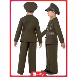 Smiffys Army Officer Costume, Green with Jacket, Belt, Trousers, Hat, Mock Shirt & Tie, Boys Fancy Dress, 1940s Dress Up Costumes