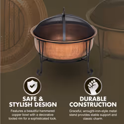 Fire Sense 62665 Fire Pit Palermo Copper with Steel Stand Wood Burning Lightweight Portable Outdoor Firepit Included Mesh Spark Screen Steel Grate