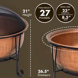 Fire Sense 62665 Fire Pit Palermo Copper with Steel Stand Wood Burning Lightweight Portable Outdoor Firepit Included Mesh Spark Screen Steel Grate
