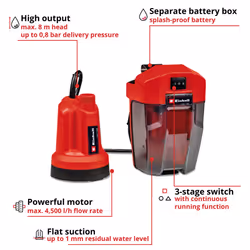 Einhell Power X-Change 18V Clean Water Pump | Submersible Pump For Emptying Pools And Hot Tubs, Flat Suction Up To 1 mm, 4500 l/h, 0.8 Bar | GE-SP 18