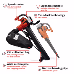 Power X-Change 36V Cordless Leaf Blower And Vacuum - Air Blower With Suction Function And Turbo Switch - GE-CL 36/230 Li E Solo Garden Blower