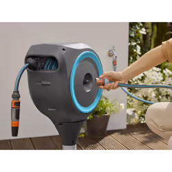 Gardena Patio Hose Box Rollup S: Weatherproof Box with roll-up Technology and 15m Hose, Irrigation of Small Gardens with Patio, Automatic retraction,