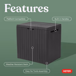 Keter City 30 Gallon Resin Outdoor Storage Box and Patio Furniture Side Table for Pool and Garden Accessories, Dark Grey