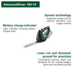 Bosch Cordless AdvancedShear 18V-10 (Without, 18 Volt System, cuts up to 85 m? per Battery Charge, with Shrub and Grass Shear Blades, in Carton