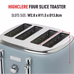 Haden Highclere Blue Toaster 4 Slice - Adjustable Browning Control - Removable Crumb Trays - Easy To Clean 4 Slice Toaster - Cord Storage - Stainless