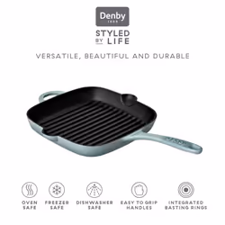 Denby - Pavilion Blue Cast Iron Griddle Pan 25cm - Oven Safe, For All Hob Types, Induction, Gas, Electric, Non Stick