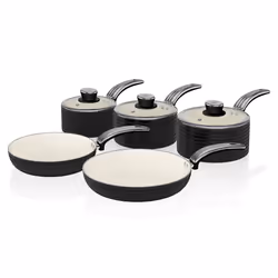 Swan SWPS5020BLN Retro 5 Piece Aluminium Pan Set with Glass Lid, Non-Stick Ceramic Coating, Black