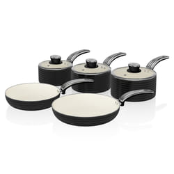 Swan SWPS5020BLN Retro 5 Piece Aluminium Pan Set with Glass Lid, Non-Stick Ceramic Coating, Black