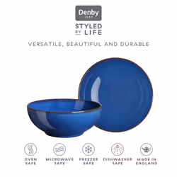 Denby - Imperial Blue Cereal Bowls Set of 4 - Dishwasher Microwave Safe Crockery 820ml 17cm - Royal Blue Ceramic Stoneware Tableware - Chip & Crack