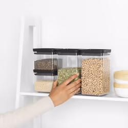 Brabantia Set of 4 Tasty+ Square Stackable Food Canisters/Storage Jars (Dark Grey) Space Saving Transparent Plastic Tubs with Lids, (122422)
