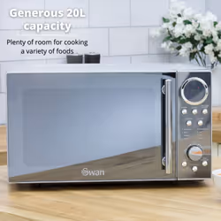 Swan SM3080LN with Glass Turntable, 10 Power Levels, Mirrored Door, 20L, 800W, Silver