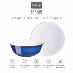 Denby - Imperial Blue Cereal Bowls Set of 4 - Dishwasher Microwave Safe Crockery 650ml 16.5cm - Royal Blue, White Ceramic Stoneware Tableware - Chip &