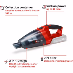 Einhell Power X-Change 18V Cordless Handheld Vacuum Cleaner - For Cleaning Floors, Stairs, Sofas, Cars And Caravans - TE-VC 18 Li Solo Rechargeable