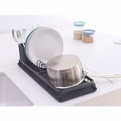 Brabantia Dish Drying Draining Rack (Compact / Light Grey) Easy-Clean Drip Tray & Removable Cutlery Basket, Corrosion-Resistant Aluminium Rack, 20 x
