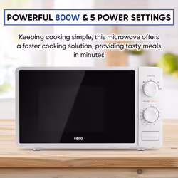 Cello 800W Microwave Oven with 20 Litre Capacity 5 Power levels and defrost function, White, Manual control, Clock kitchen timer WEMA10